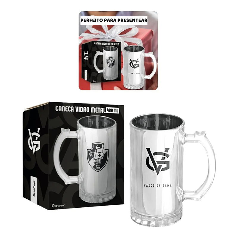 Caneca de Chopp Vasco 480ml Vidro Metalizado Prata